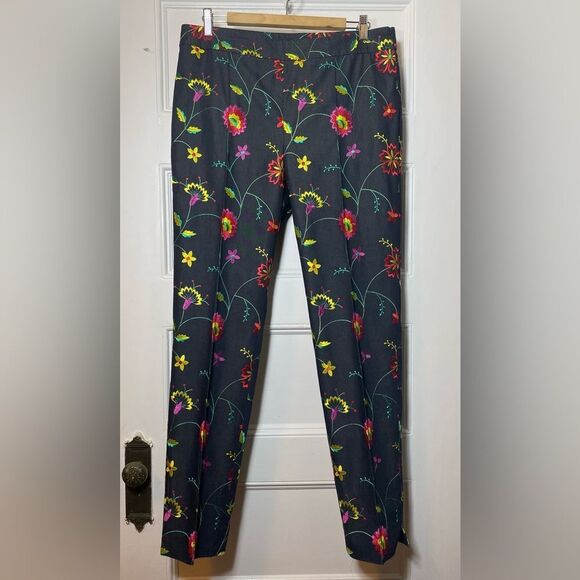 ST JOHN Emma Floral Embroidered Tapered Leg Pants Multicolor Sz 12 Large - Picture 1 of 16